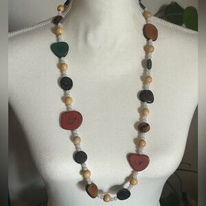 Vintage Native American Indian Polished Carved Antler Horn Beaded Necklace